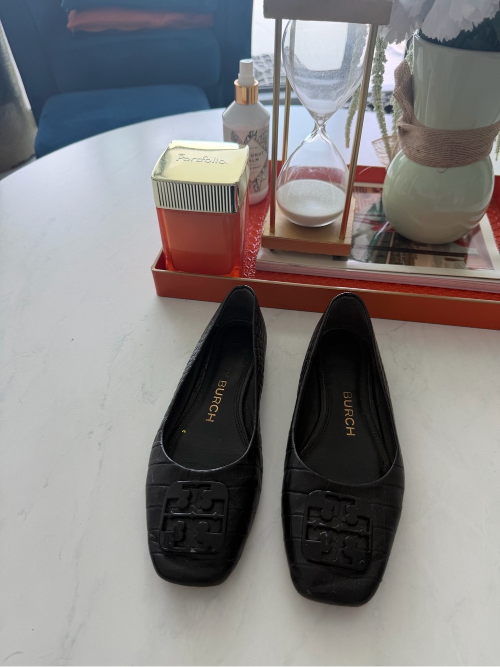 Tory Burch Black Croc-Embossed Logo Square-Toe Ballet Flats